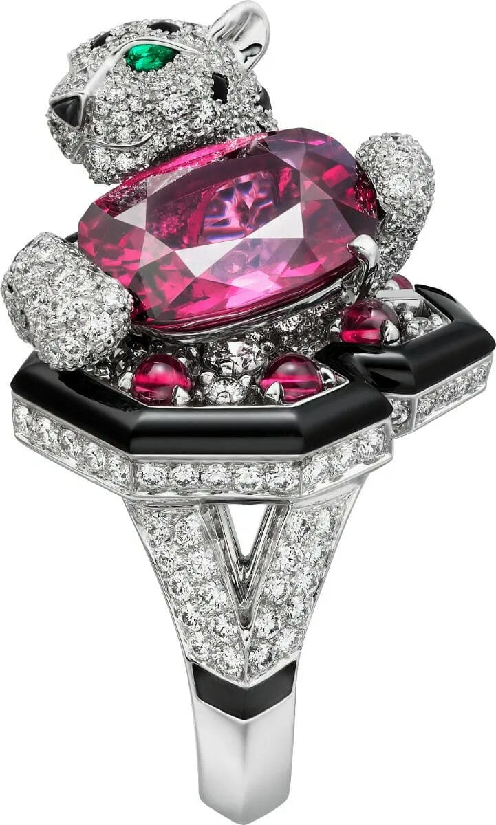 Cartier-High-Jewelry-ring-platinum-garnet-rubellites-emeralds-onyx-diamonds
