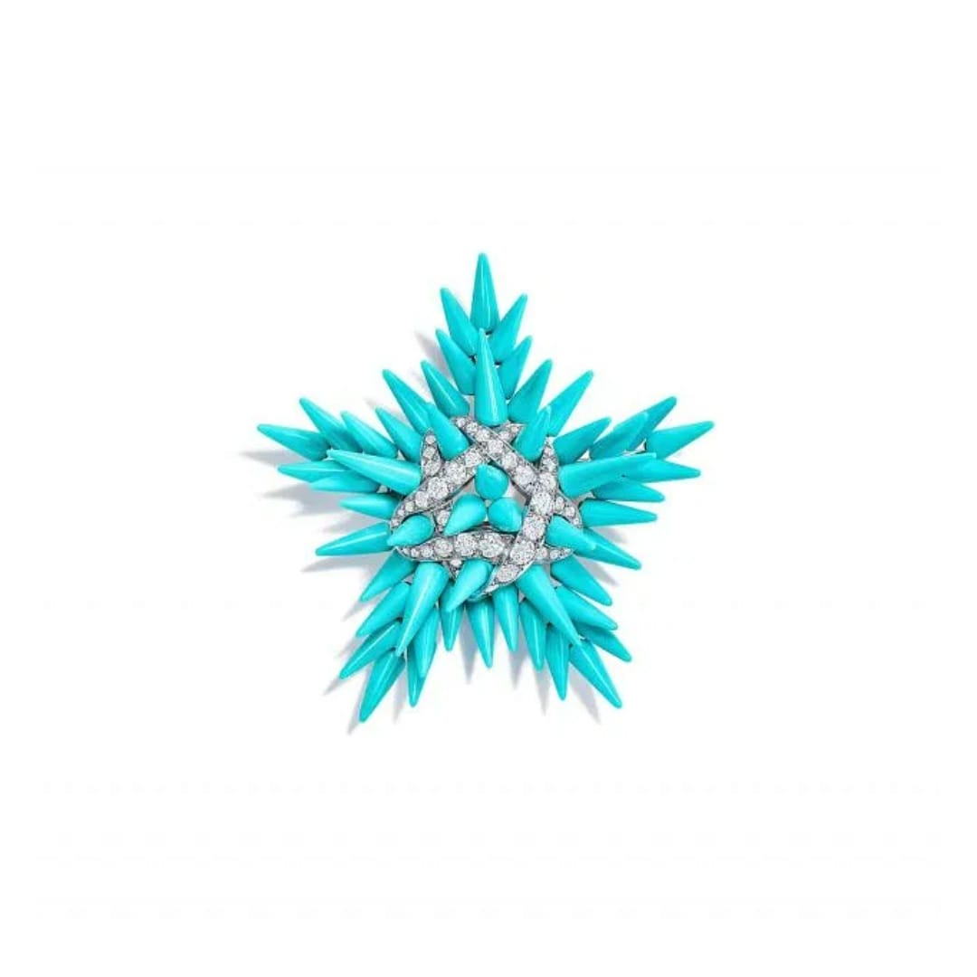 Tiffany & Co. Schlumberger系列Epine Starfish胸针，18K黄金和铂金镶嵌绿松石和圆形明亮式切割钻石