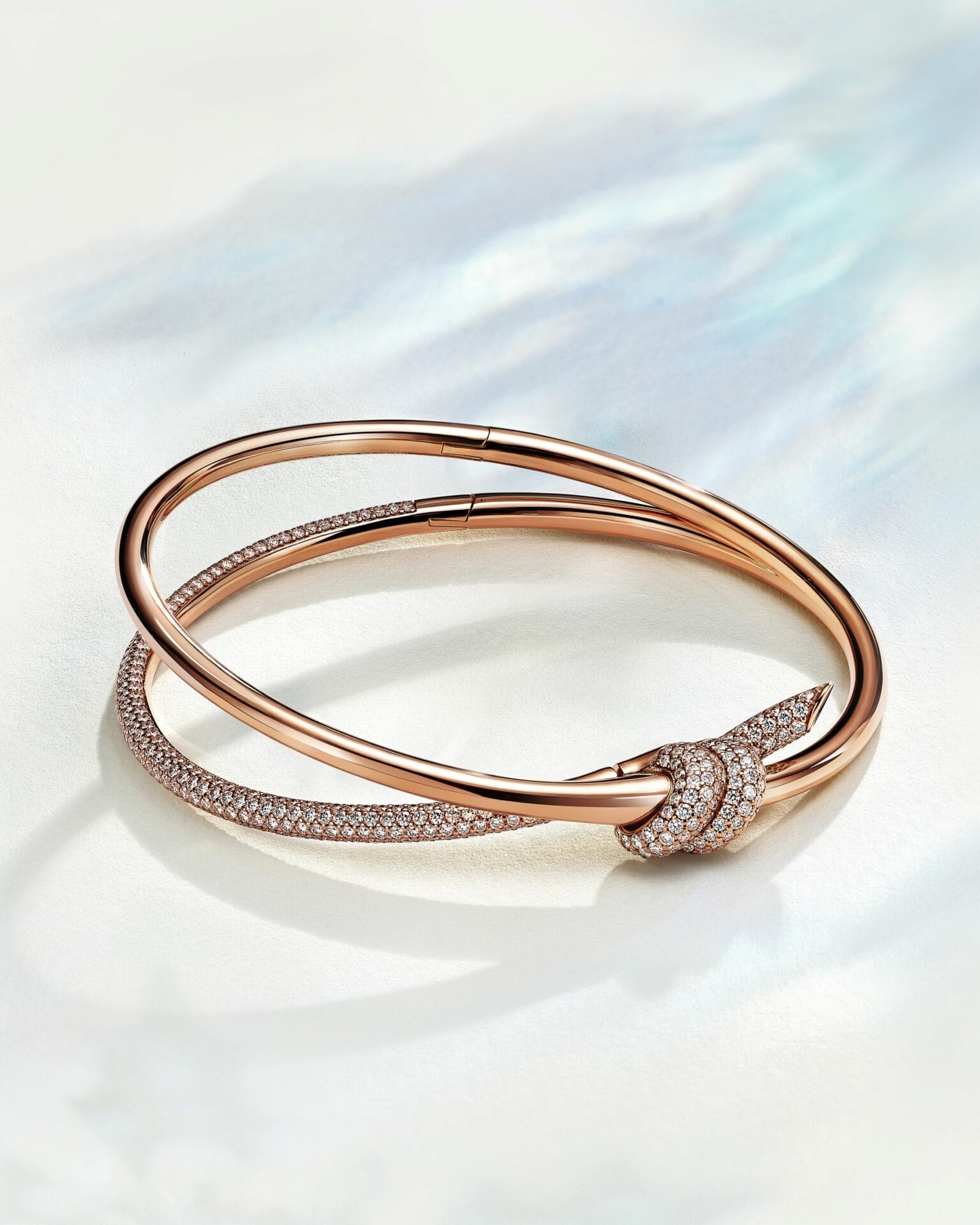 Tiffany Knot 双排铰链18K玫瑰金镶钻手镯 2