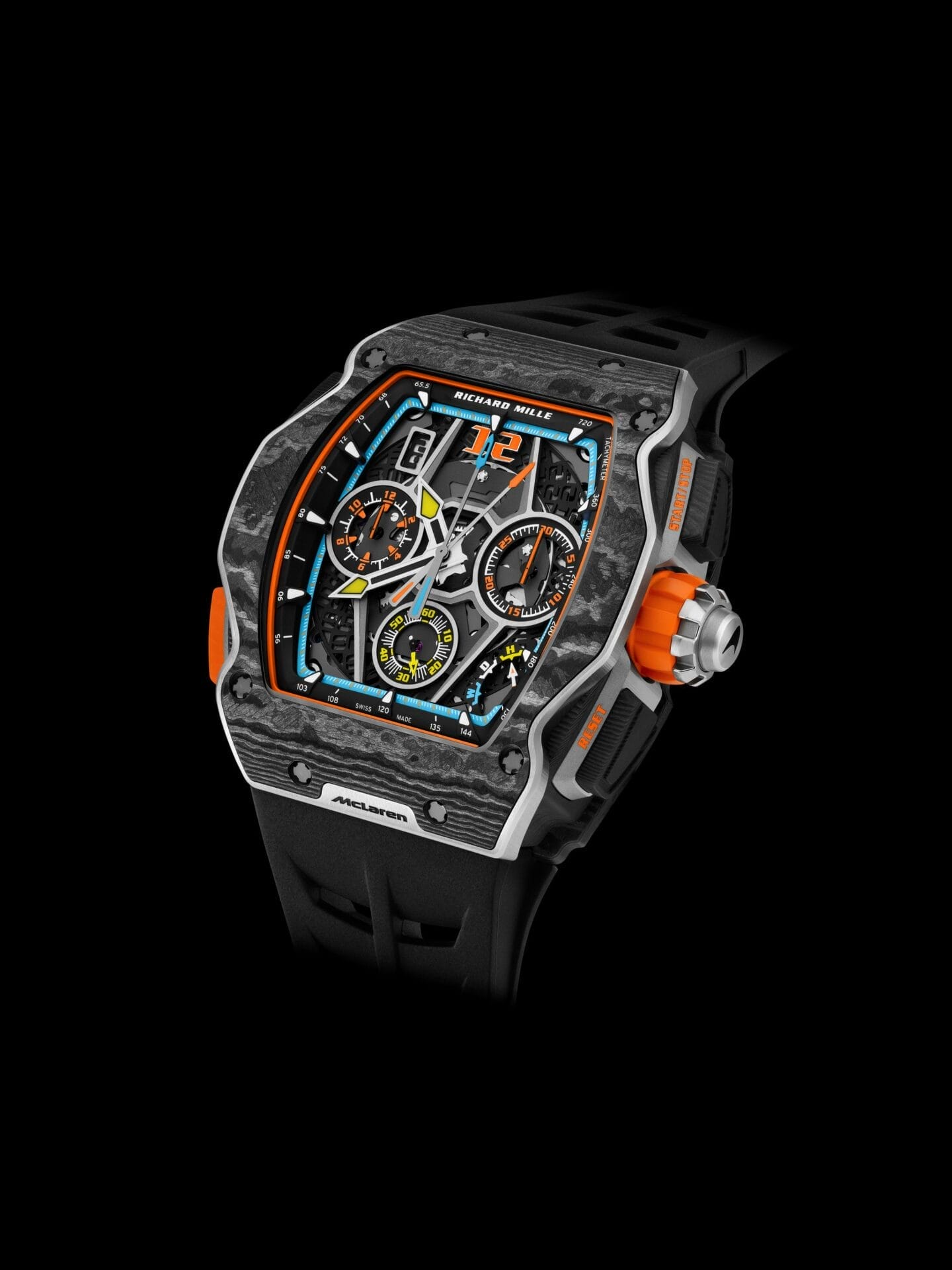 全新RM 65-01 McLaren W1自动上链双秒追针计时码表的设计灵感源自于迈凯伦最新发布的“W1”超级跑车。2