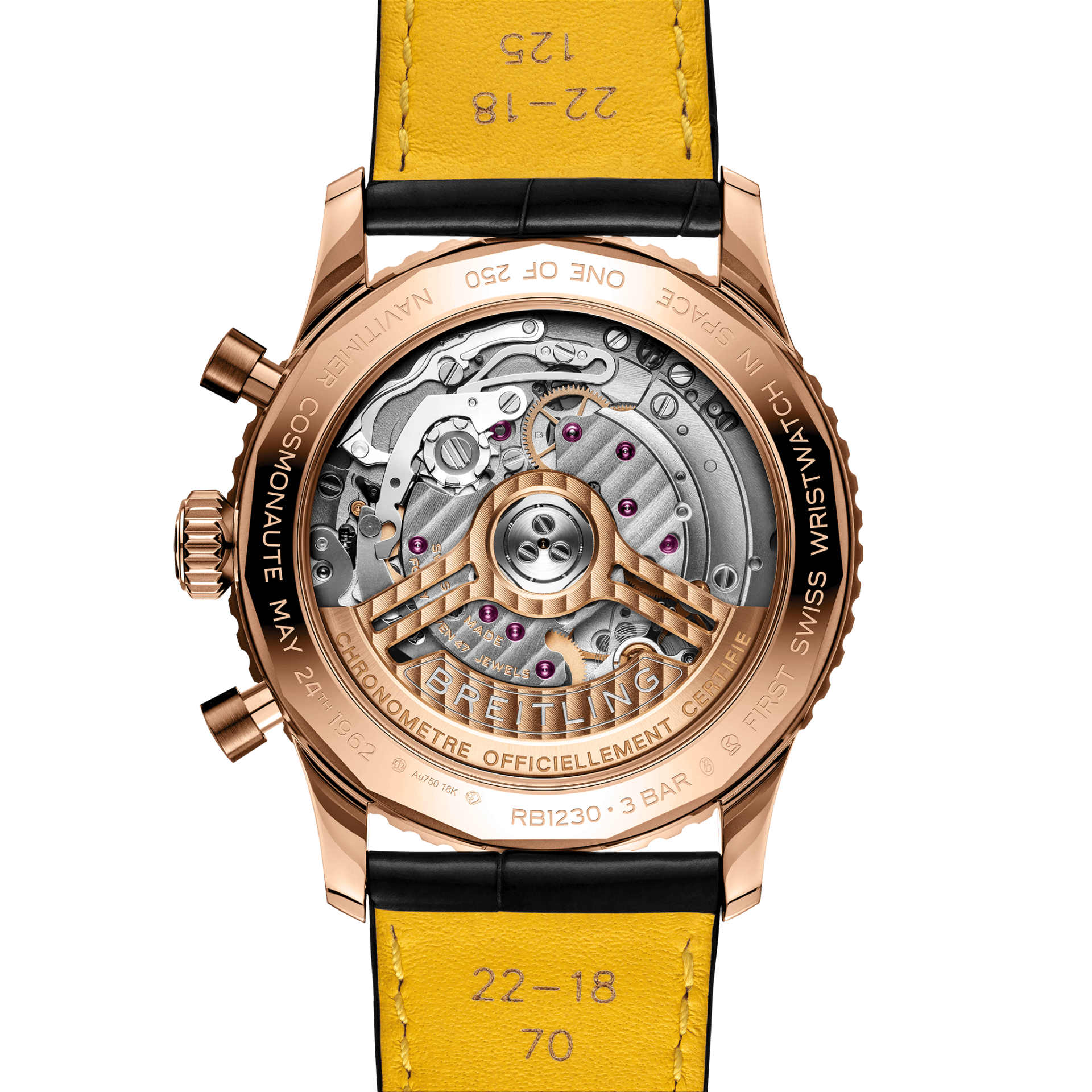 Cosmonaute B12表底盖上刻有“One of 250”限量发行字样及“First Swiss Wristwatch in SpaceNavitimer Cosmonaute May 24,1962”铭文，讲述腕表传奇故事。