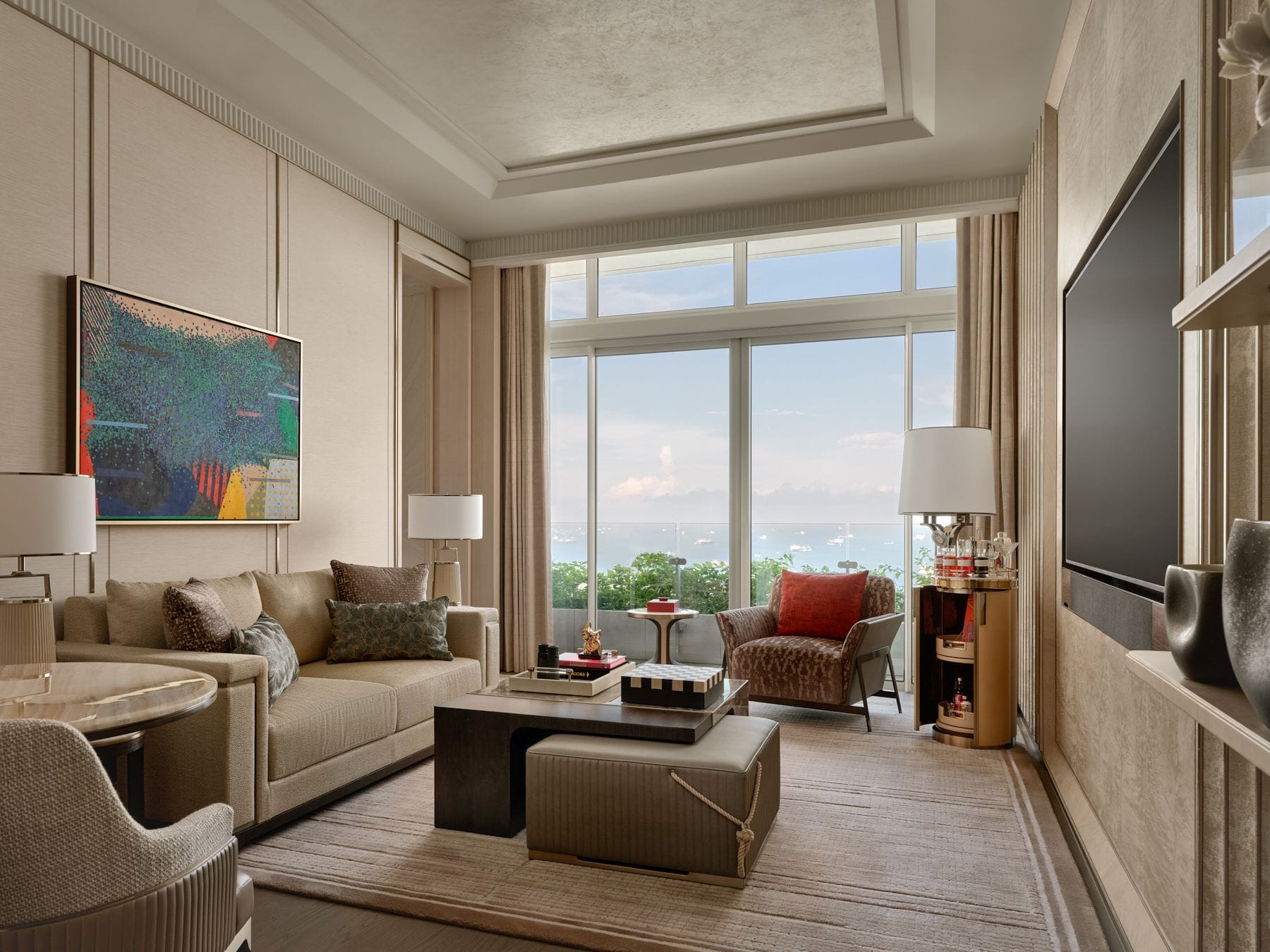 Paiza Bay Suite御匾海湾套房配有起居间和宽敞步入式衣柜，可遥望广阔天际线。